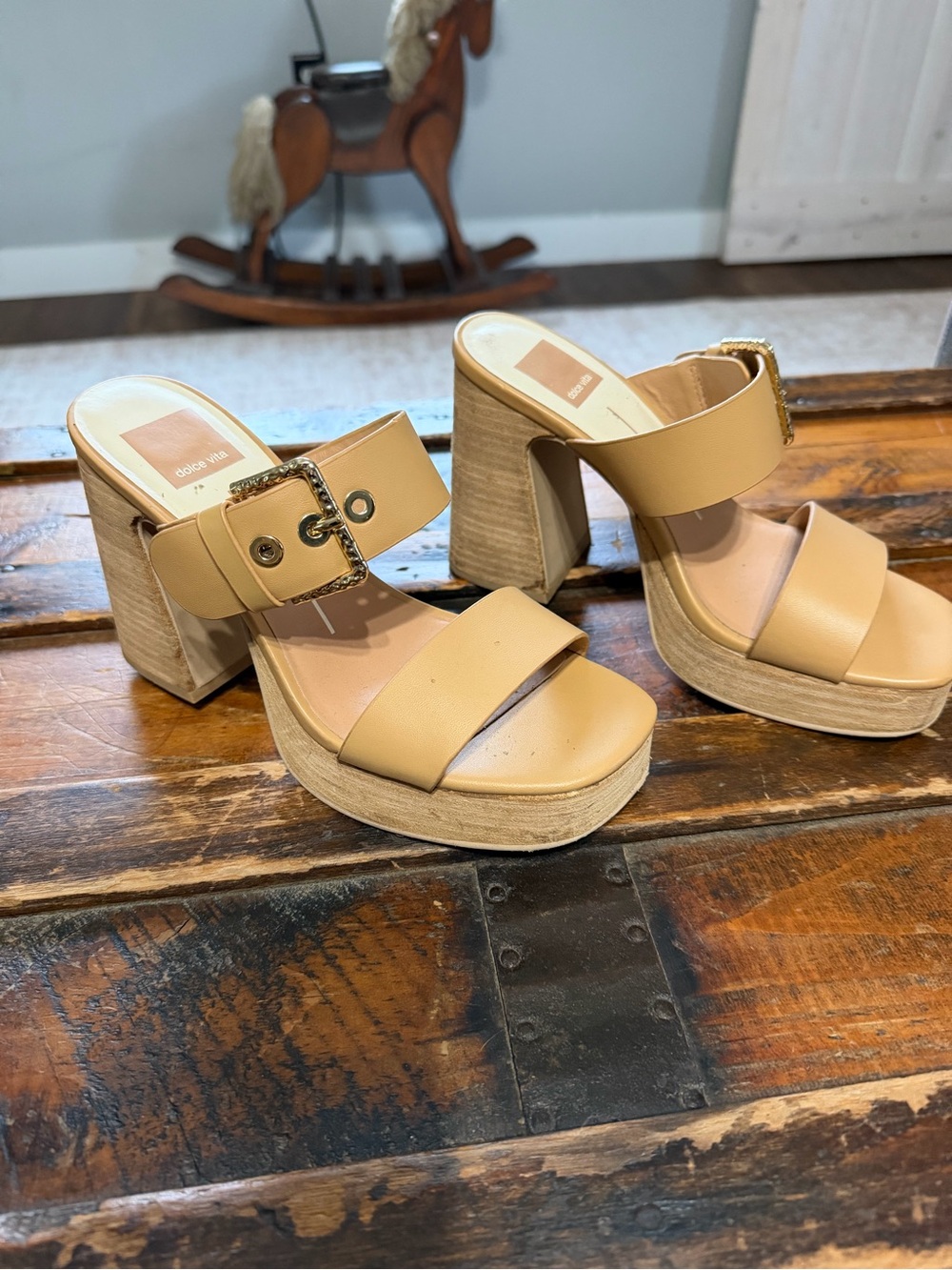 Dolce Vita Tan Platform Block Heel Sandals with Buckle